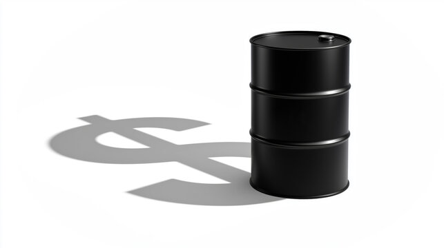 Black crude oil barrel casting dollar sign shadow on white background representing oil price energy market and petroleum economy concept