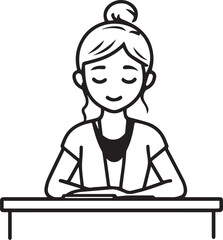 Obraz premium Hand Drawn Woman Sitting at Desk Black and White Avatar Illustration in Minimal Line Art Style Design