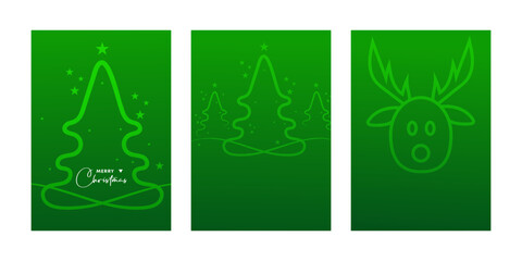 Minimalist green Christmas card set with stylized tree outlines, stars, Merry Christmas text, and a reindeer head for festive holiday greetings and designs. © JustPrint