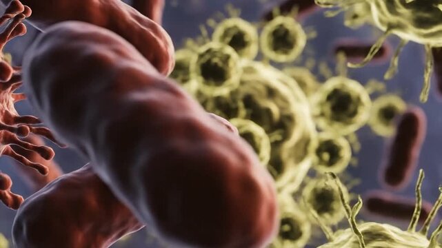 Microscopic view of viruses and bacteria in the human body.