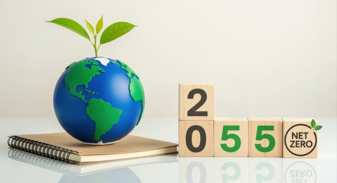 Net Zero Target 2055: Globe with Sprout, Sustainability Concept, Environmental Awareness, Eco-Friendly Initiatives