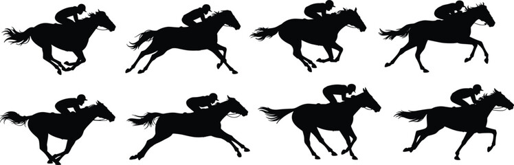 Horse racing silhouettes set, jockey riding running horses collection, equestrian sport competition illustration, thoroughbred race vector design for speed concept