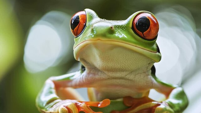 Red-Eyed Tree Frog's Portrait: Close-up capture of a vibrant red-eyed tree frog, its striking eyes and detailed skin textures against a blurred background, highlighting nature's unique beauty.