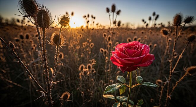 A vibrant red rose stands prominently amidst a field of dried grasses and thistle plants at sunset.