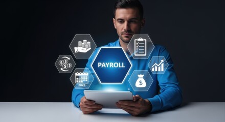 Man managing payroll with a digital tablet, surrounded by financial icons symbolizing business efficiency and growth