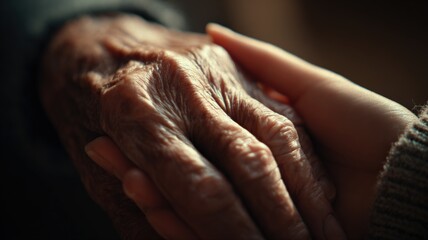 Close-up of old and young hands together, symbolizing care, support, empathy and connection