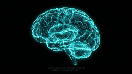 Obraz premium Digital Brain Network Glowing Blue Particles on Black Background Neural Network Concept