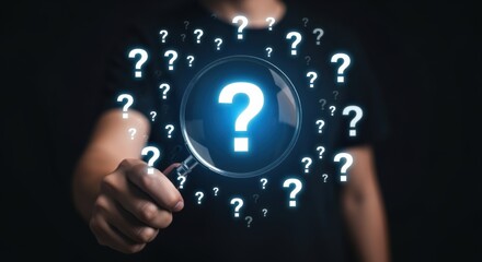 Fototapeta na wymiar Conceptual Man Holding Magnifying Glass Focusing on Questions to Find Answers and Solutions