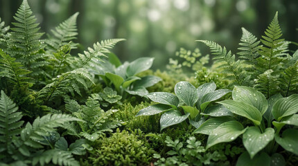 Forest Floor Lush Greenery with Water Droplets on Leaves Soft Bokeh Background