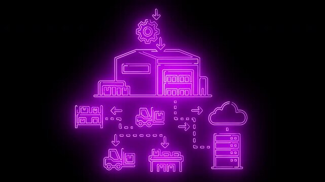 Neon purple graphic illustration of a factory with industrial icons and machinery on a black background with a futuristic and technological mood.