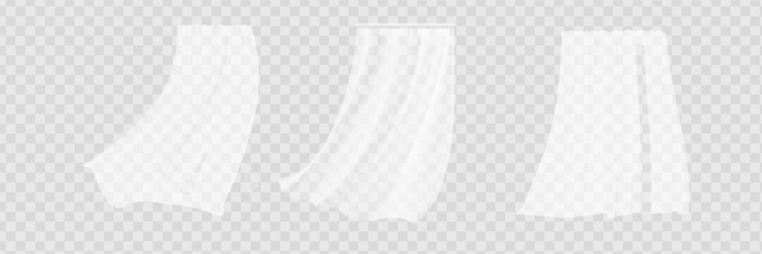 Set of realistic fluttering white cloths, soft lightweight clear material isolated on transparent background vector illustration