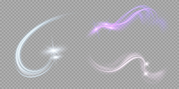 Abstract vector glowing magic star light effect from the neon blur of curved lines. Glittering stars dust trail from the side.flying comet on a transparent background.