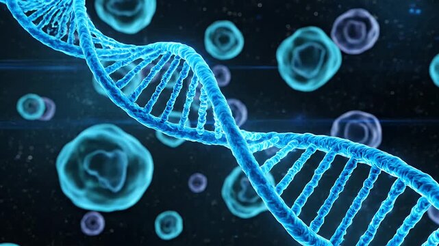 DNA Double Helix with Cells - A digitally video video of a blue DNA double helix is shown with various cells surrounding it.