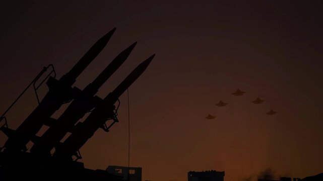 4K Anti-aircraft missile systems launching in combat. Military defense surface-to-air missile battery in war zone.