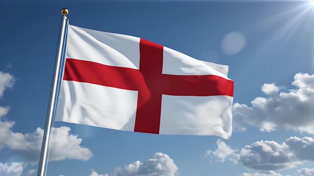 English Flag Waving in the Wind - The national flag of England is waving in the wind. The white flag has a bold, red St. George's Cross set against a sunny blue sky with fluffy white clouds.