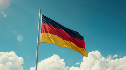 The German flag waves proudly in a clear blue sky with white clouds