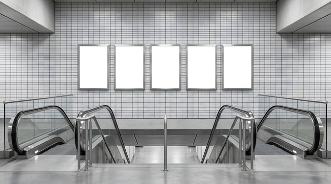 Five blank vertical advertising poster mockups on tiled wall above escalators in modern metro station