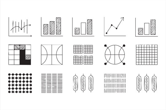 Analytics dashboard and business data chart line icons for reporting platforms and infographic visuals