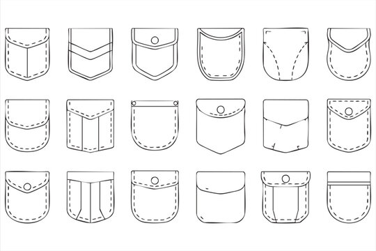Garment pocket template and stitched flap outline icons for fashion design and tailoring projects
