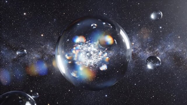 Universe in Bubbles - This video shows a cosmic scene with multiple transparent spheres floating in space, reflecting and distorting the background galaxy.