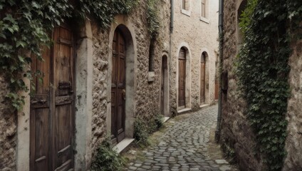 Fototapeta premium Cobblestone alley with arched doors and climbing vines on aged stone buildings