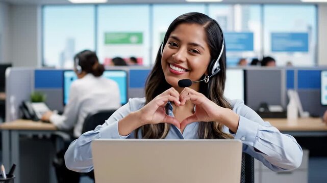 Woman, call center and laptop with heart gesture for telemarketing, customer service or support at the office. Portrait of happy employee consultant with smile and hands with love symbol by computer v