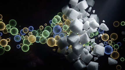 Abstract sugar cubes and colorful molecules healthy nutrition metabolism energy vibrant scientific conceptual dynamic glowing closeup