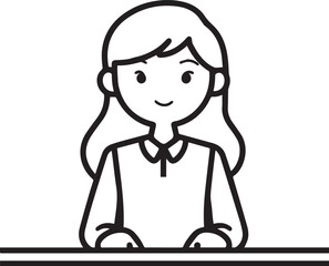 Obraz premium Hand Drawn Woman Sitting at Desk Black and White Avatar Illustration in Minimal Line Art Style Design