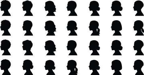 Set of Female Profile Silhouette Icons with Different Hairstyles Isolated on White Background, Women Head Avatars Collection for Design © Ideasy Mind
