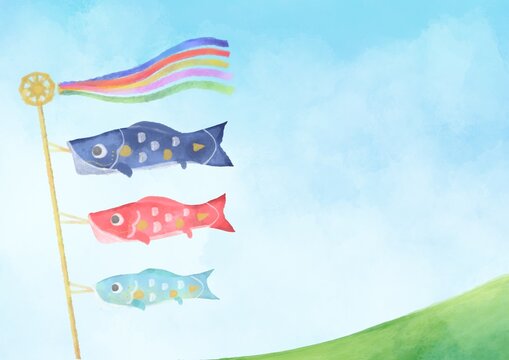 鯉のぼりの水彩風景イラスト