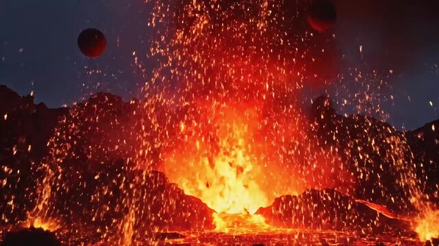 Erupting volcano spews molten lava and sparks into the dark night sky with fiery explosions and glowing embers scattered everywhere