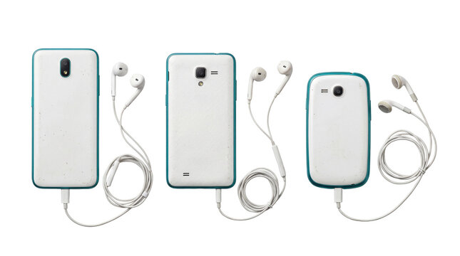 Three white retro mobile phones with teal casings and wired earbuds, isolated on a transparent background.