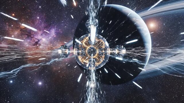 Interstellar Space Station Orbiting Ringed Planet - A spherical space station with glowing core and attached modules is shown in orbit around a ringed planet.