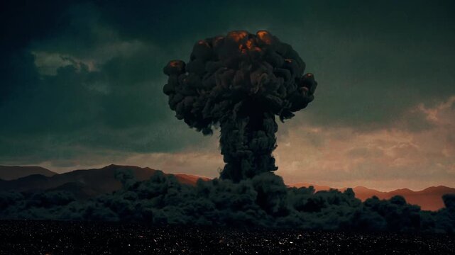 4K Composited color footage of a nuclear bomb test explosion. Atomic mushroom cloud and massive shockwave in desert. Retro military weapon testing.