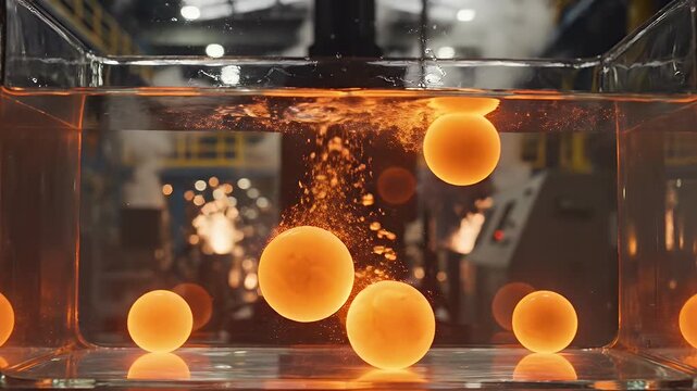 Spherical objects in liquid solution - Several spherical objects are floating in a clear liquid inside of a clear container.