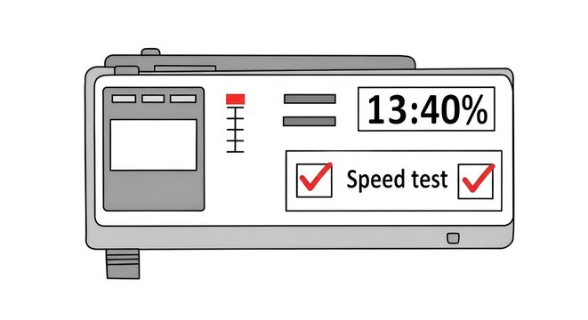 A digital device displaying a speed test result with a timer and percentage on the screen