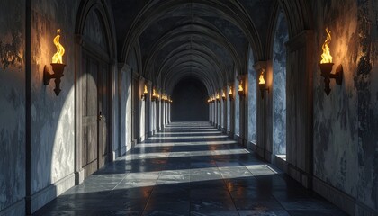 Fototapeta premium Dimly Lit Arched Corridor with Sconces.