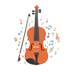Fototapeta premium A vibrant illustration of a violin surrounded by colorful musical notes and a bow