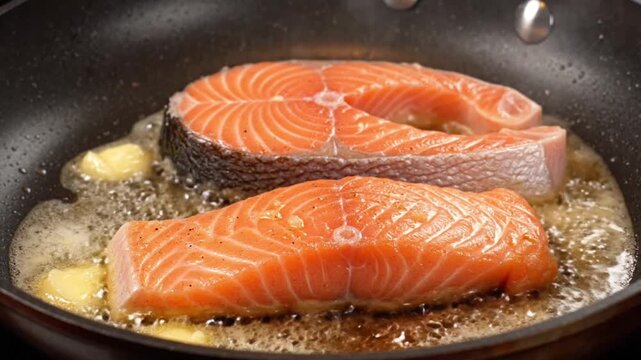 Close-up shot of two vibrant orange salmon fillets sizzling in a hot non-stick pan with melting butter, indicating a fresh and healthy cooking process for a delicious meal preparation