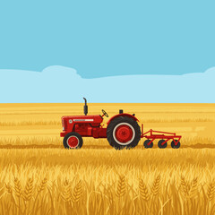 Obraz premium Vintage red tractor plowing golden wheat field under a clear blue sky