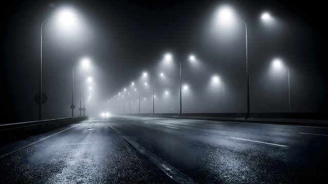 Empty foggy road at night with streetlights illuminating the mist.