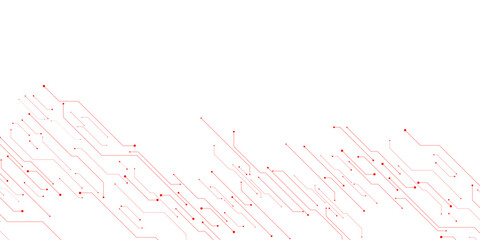 Obraz premium Vector Technology connected red lines and dots with electronics elements on tech bg. Digital technology futuristic internet network speed connection white background.
