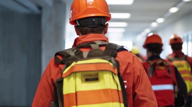 Safety First: Construction crew in orange uniform and safety helmets, walking through a tunnel during a work session, showcasing teamwork.