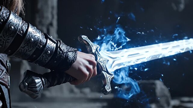 Magical Sword Held by Warrior - A warrior in ornamented armor holds a magical sword that glows with blue energy.