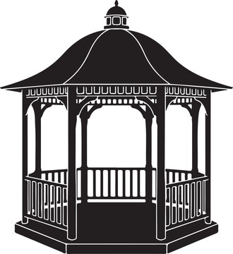 Black and white illustration of a gazebo with railing and roof  outdoor structure
