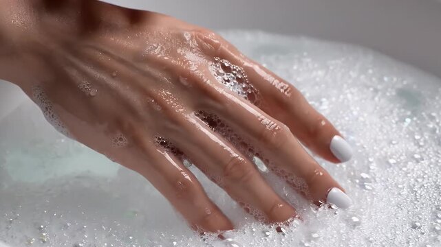 Hand in Soapy Water - A woman's hand with white painted nails is submerged in soapy water, creating a bubbly and cleansing effect.