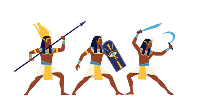 Three ancient egyptian warriors in traditional attire holding weapons like spears shields and swords in dynamic combat poses.