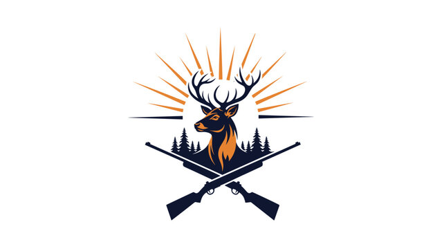 Hunting logo design featuring a deer head with antlers silhouetted against a rising sun and crossed rifles in a forest landscape.