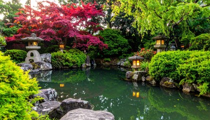 Fototapeta premium Serene Japanese Garden with Pond and Lanterns.