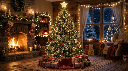 A Christmas tree decorated with lights in a city at night surrounded by festive holiday decorations and presents
